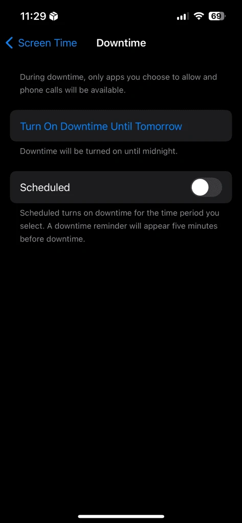 iPhone Downtime settings with a scheduled period away from apps