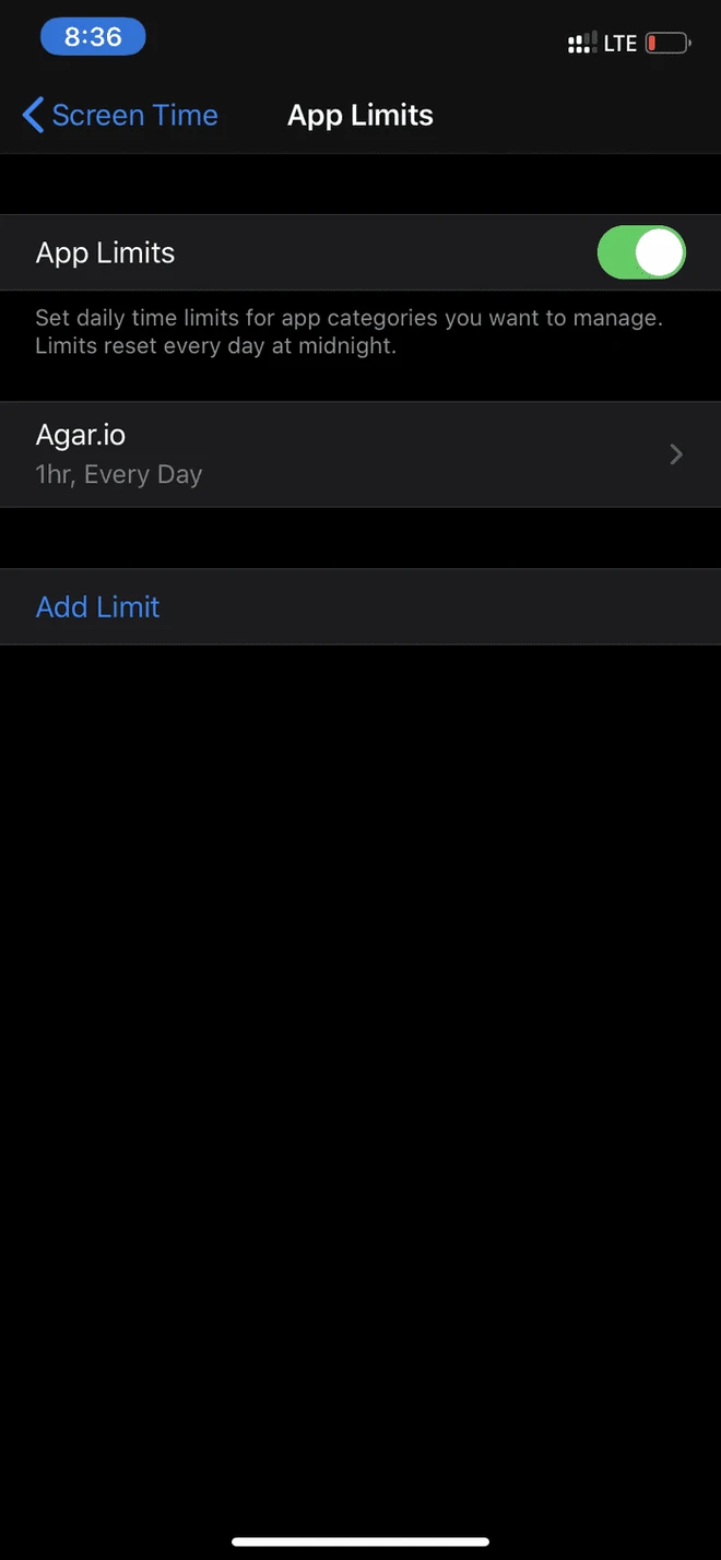 iPhone App Limits settings with the Add Limit control