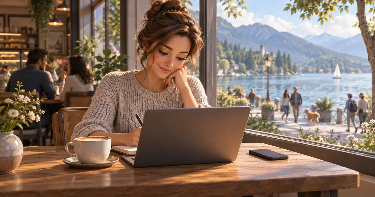3D illustration of someone focusing happily at a lakeside café with coffee and a face-down iPhone, representing social media distractions blocked by a free screen time app blocker.