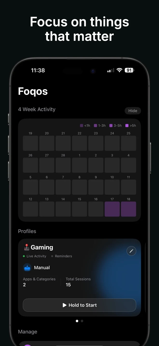 Foqos iPhone dashboard with focus profiles and activity history