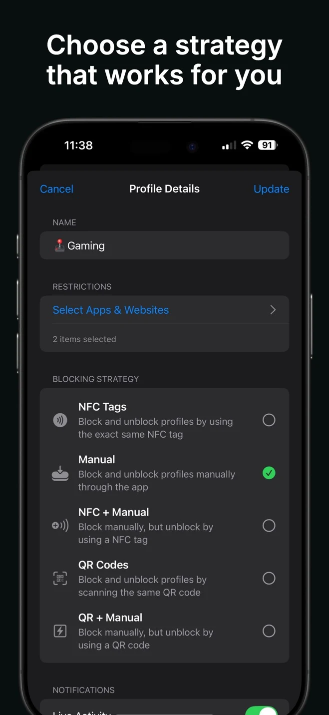 Foqos blocking strategies including NFC tags and QR codes