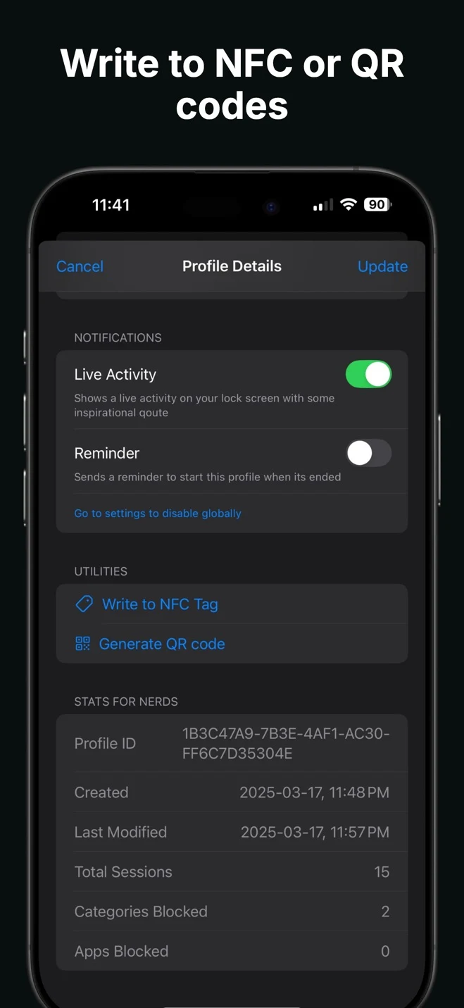 Foqos profile settings for writing to NFC tags or QR codes