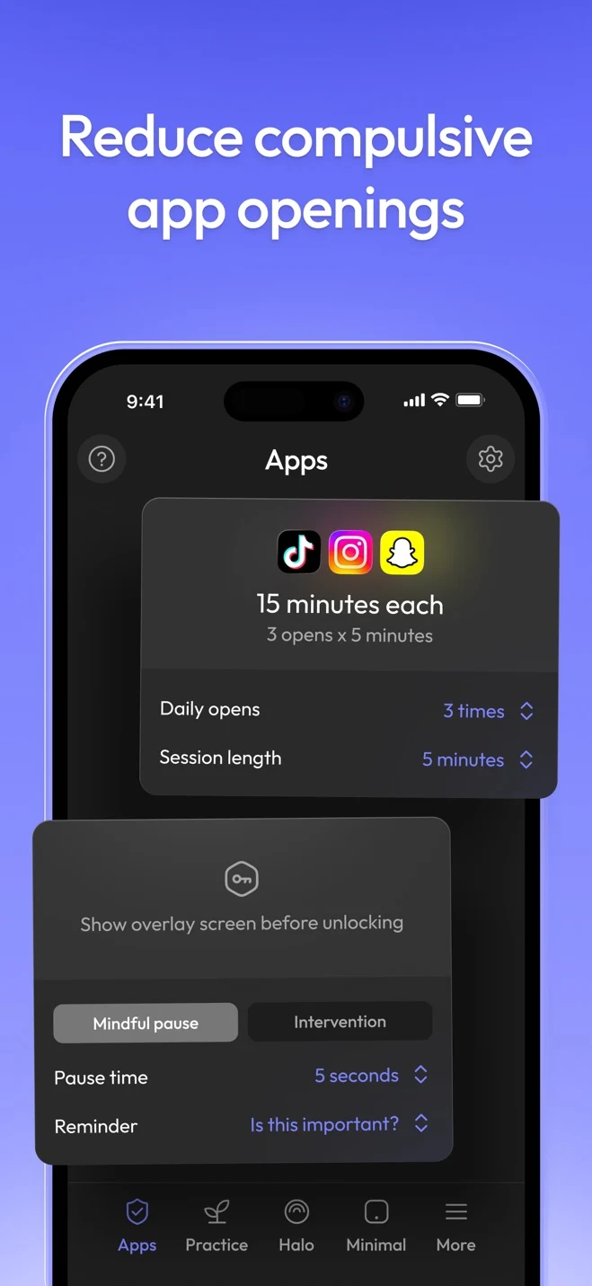 ScreenZen app-opening limits, delay settings, and interventions on iPhone