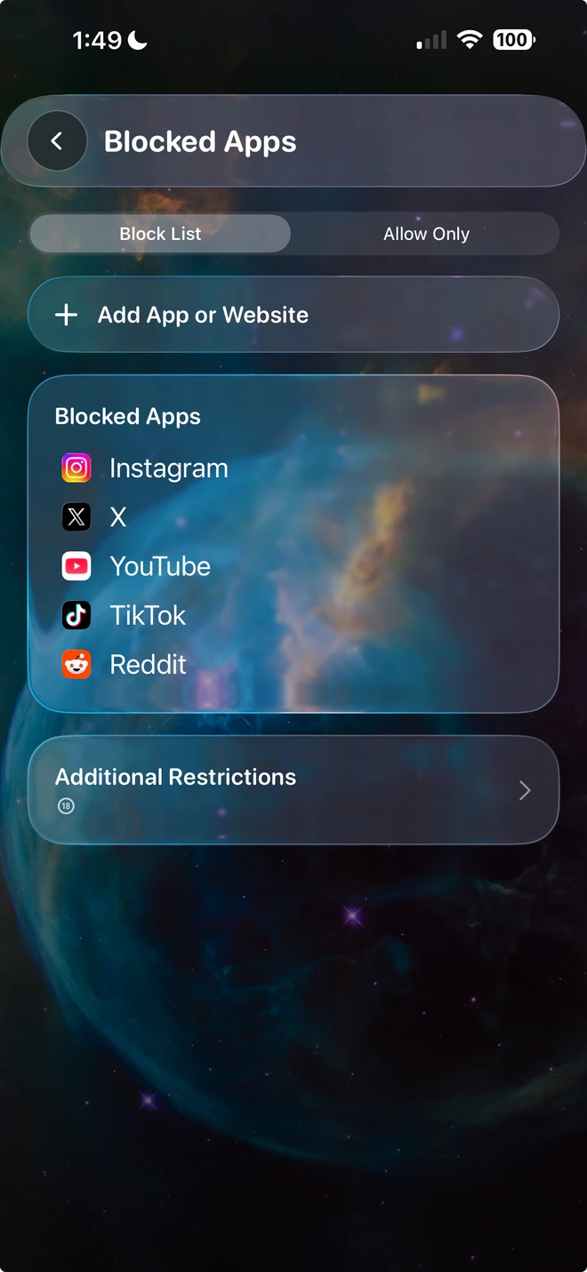 Lusid Blocked Apps with Instagram, X, YouTube, TikTok and Reddit