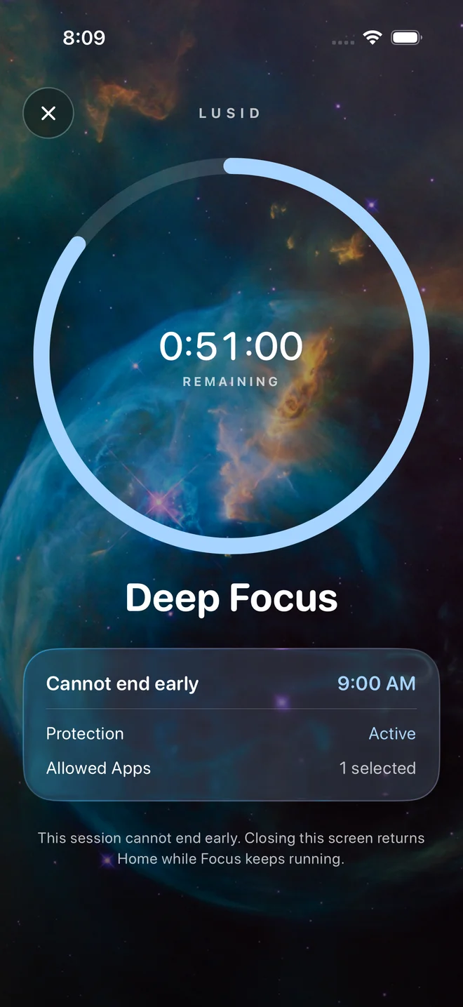 Lusid active Focus Session with a countdown and early-end protection