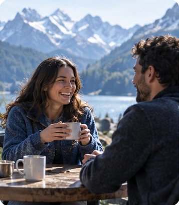 Two people enjoying a conversation over coffee beside an alpine lake.