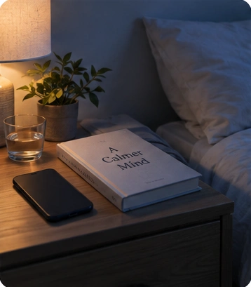 A quiet bedside table with a book, warm lamplight and a phone set aside.