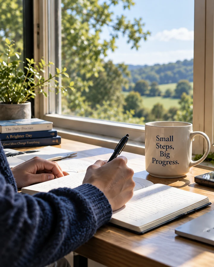 Writing at a sunny countryside desk beside a mug that reads Small Steps, Big Progress.