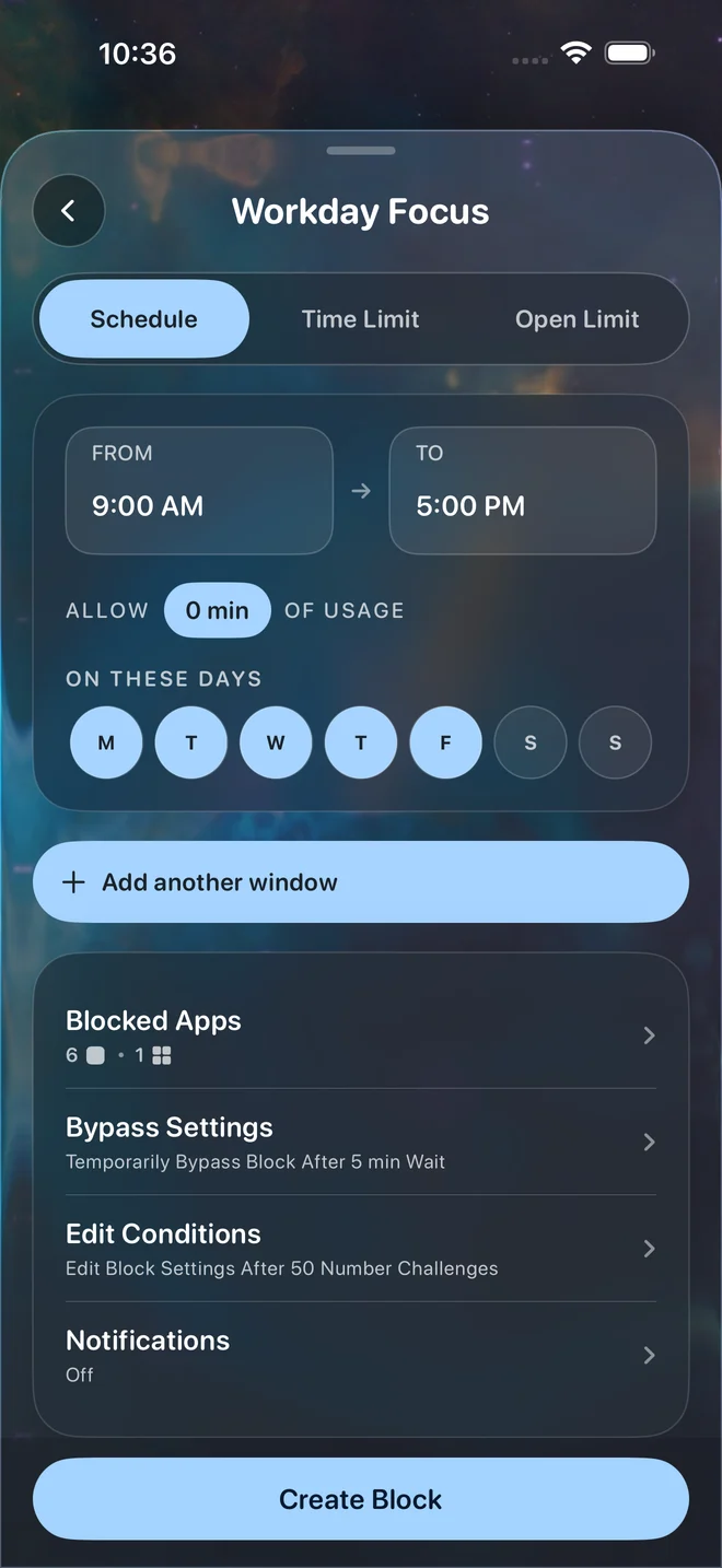 Lusid Workday Focus schedule with selected weekdays and a time window